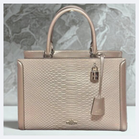 COACH Zoe Python Embossed Leather Platinum Shoulder Bag Satchel Lock Key Hangtag - Picture 1 of 16
